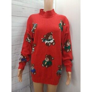 Vintage 90s Country Primitive Womens Teddy Bear Knit Mock Neck Sweater Red Sz M